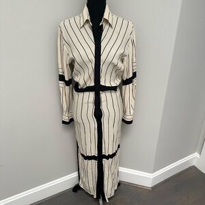 Zara Striped Black and Cream Button-Down Dress